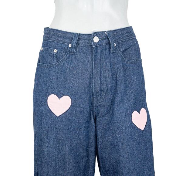 LAZY OAF Women's wide leg Pink Hearts Cut out Denim Jeans Size 26 - Picture 8 of 11